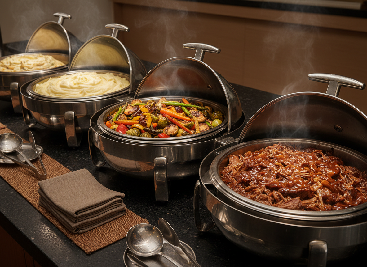 A polished buffet of warm dishes where a row of modern, brushed-steel chafing dishes with glass lids reveals rich, colorful foods inside: creamy mashed potatoes, roasted seasonal vegetables with caramelized edges, and a glossy sauce over slow-cooked meat. Beside them, folded linen napkins in soft taupe and refined stainless-steel serving utensils rest on a narrow runner. The setup stands on a dark stone counter with a subtle texture. Overhead spotlights create controlled pools of warm light, illuminating gentle steam and reflections in the glass lids, while the background fades into a smooth blur. Photographic realism, shot at an angle slightly above dish level, capturing a professional, inviting, and upscale buffet presentation.