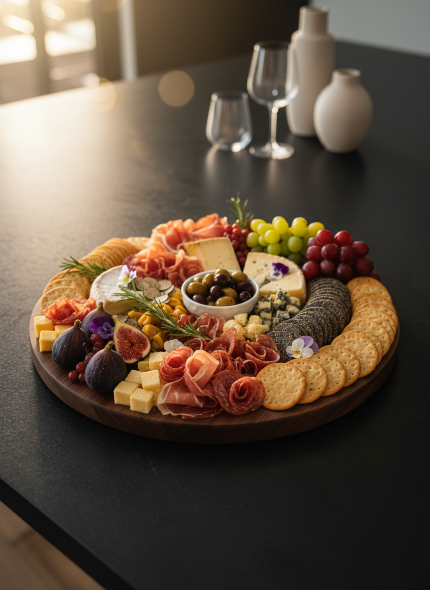 A luxurious wooden grazing board crafted from dark walnut, overflowing with carefully arranged charcuterie: thinly sliced cured meats, truffle cheeses with textured rinds, fresh figs, jewel-toned grapes, marinated olives in a small porcelain bowl, and artisanal crackers fanned out in precise arcs. A few rosemary sprigs and edible flowers add a refined touch. The board rests on a matte black stone countertop with a blurred backdrop of minimalist glassware and high-end table decor. Soft golden hour light streams from the side, creating rich contrasts and gentle bokeh highlights. Photographic realism, shot from a slightly elevated angle using the rule of thirds, with a rich, sophisticated mood and a clean, modern food styling aesthetic.