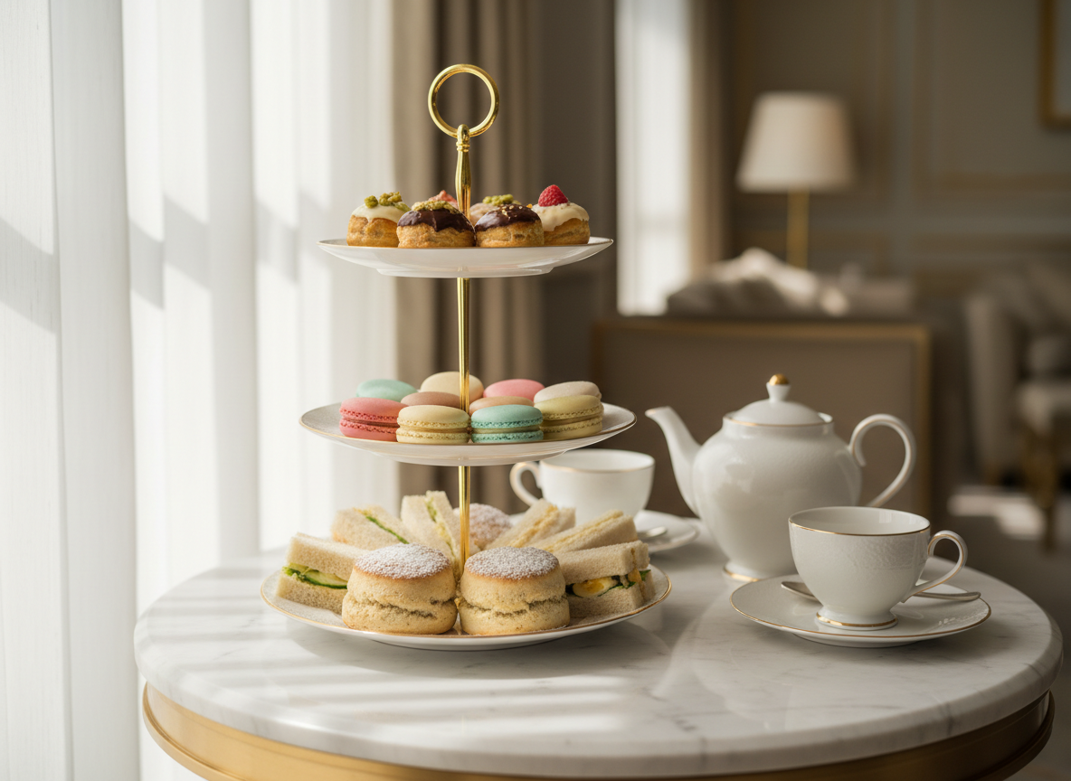 An opulent high tea spread arranged on a three-tiered porcelain stand with a delicate gold rim, holding miniature éclairs, pastel macarons, scones dusted with fine powdered sugar, and precisely cut finger sandwiches. The stand is placed on a round marble table with a subtle grey veining pattern. Beside it, a matching teapot and fine china plates rest neatly. Soft natural daylight filters through sheer curtains, casting a gentle, diffused glow and soft shadows. The background fades into an elegant, slightly out-of-focus interior with muted tones. Photographic realism, eye-level composition with a shallow depth of field, capturing a serene, indulgent atmosphere that feels refined, intimate, and perfect for a sophisticated high tea catering service.