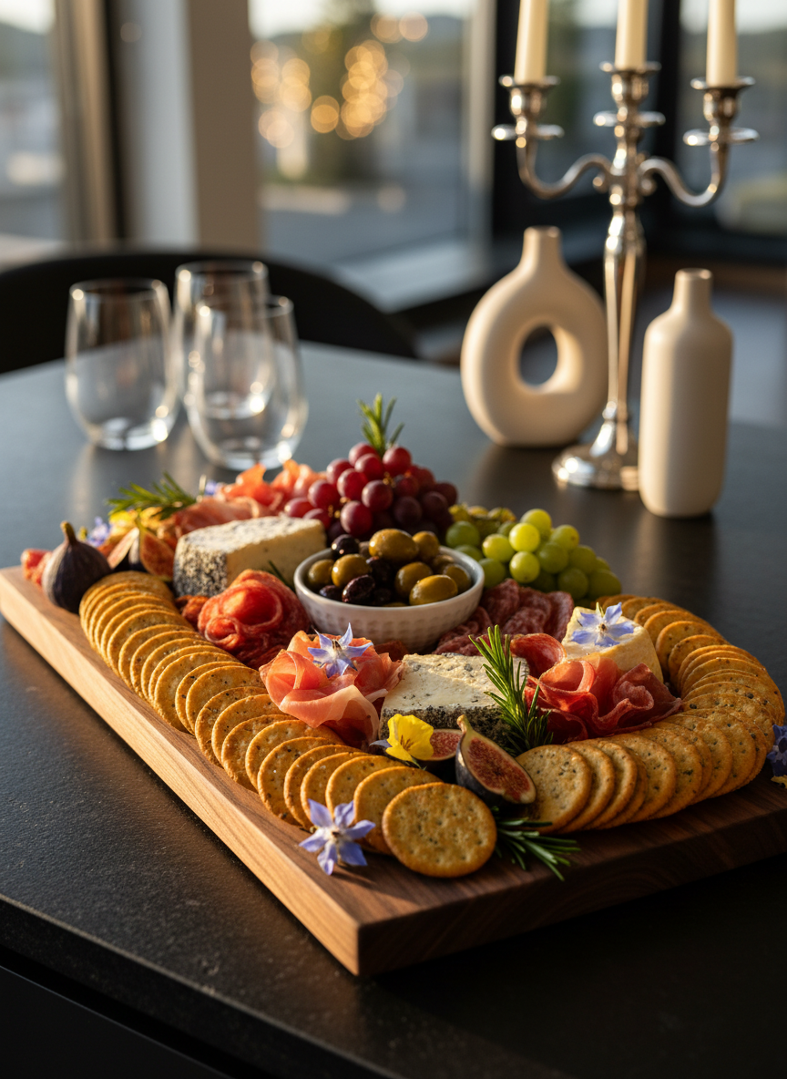 A luxurious wooden grazing board crafted from dark walnut, overflowing with carefully arranged charcuterie: thinly sliced cured meats, truffle cheeses with textured rinds, fresh figs, jewel-toned grapes, marinated olives in a small porcelain bowl, and artisanal crackers fanned out in precise arcs. A few rosemary sprigs and edible flowers add a refined touch. The board rests on a matte black stone countertop with a blurred backdrop of minimalist glassware and high-end table decor. Soft golden hour light streams from the side, creating rich contrasts and gentle bokeh highlights. Photographic realism, shot from a slightly elevated angle using the rule of thirds, with a rich, sophisticated mood and a clean, modern food styling aesthetic.