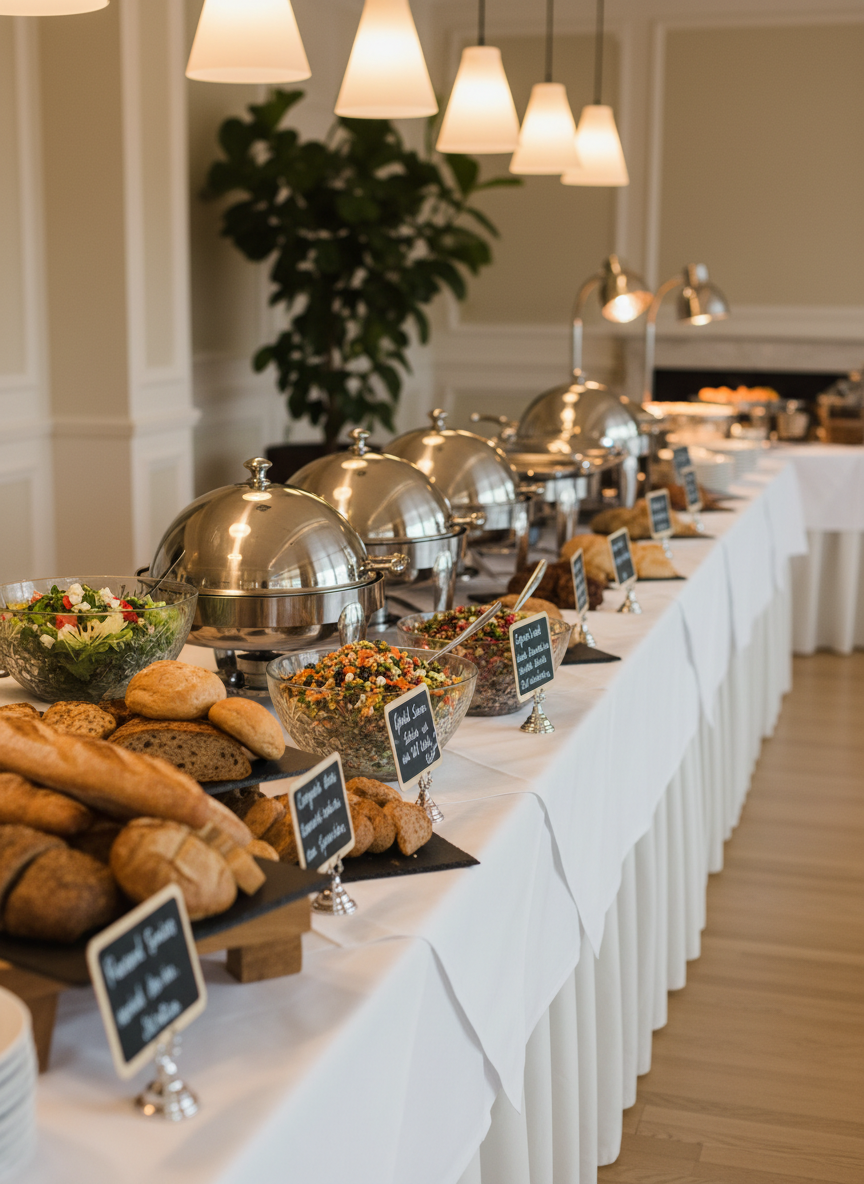 An elegantly arranged catering buffet table draped in crisp white linen, covered with gleaming stainless-steel chafing dishes, crystal serving bowls filled with vibrant salads, and dark slate platters stacked with artisan breads. Small chalkboard menu cards lean against polished silver stands. In the background, a softly blurred view of a refined dining space with neutral tones and subtle greenery. Warm, diffused pendant lighting from above creates delicate highlights on metal surfaces and gentle shadows under the dishes. Photographic realism, shot at eye level with a slight angle along the table, shallow depth of field emphasizing the luxurious food display, conveying a sophisticated, calm and professional atmosphere perfect for high-end catering.