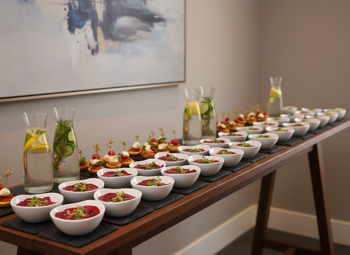 A refined walking buffet setup featuring a long, narrow console table in dark oak, lined with small, identical porcelain tasting bowls and miniature slate plates, each holding artfully plated bites: beetroot carpaccio coins, mini tartlets, and skewered caprese morsels. Sleek glass carafes of infused water stand at intervals along the table. The scene is set against a smooth, light taupe wall with a single abstract artwork softly blurred in the background. Discreet recessed ceiling lights cast even, warm illumination, creating subtle reflections on the porcelain and slate. Photographic realism, shot from a side angle running along the table’s length, medium depth of field, evoking a sense of quiet luxury and meticulously curated, mobile catering service.
