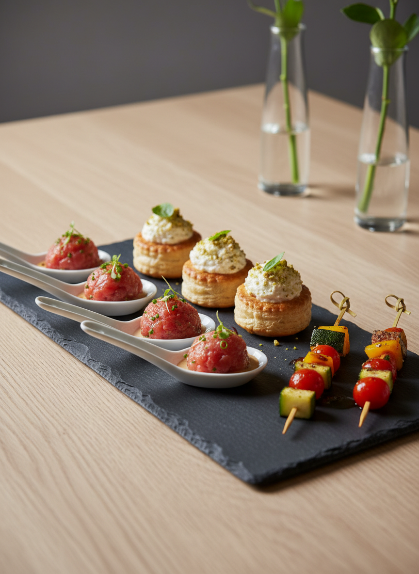 An artfully arranged platter of luxurious savory bites for a sophisticated reception: glossy porcelain spoons each holding a precise portion of salmon tartare with microgreens, tiny puff pastry cases filled with goat cheese mousse, and bite-sized skewers of marinated vegetables presented on a long matte slate board. The platter rests on a pale oak table with a fine grain. Behind it, blurred glass vases with minimalist greenery hint at tasteful decor. Soft studio lighting from one side creates delicate shadows and subtle highlights on the glossy sauces and porcelain. Photographic realism, captured from a close-up, three-quarter angle with shallow depth of field, emphasizing precision, cleanliness, and high-end culinary craftsmanship in a calm, elegant atmosphere.