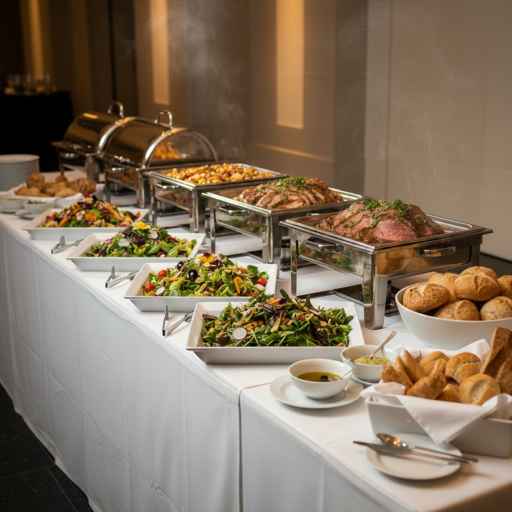 Use the current buffet photo as a base and keep EVERYTHING exactly the same (table, white porcelain dishes, layout, colors, lighting, background, camera angle). Only change the food inside the long rectangular silver buffet tray: fill it clearly with a warm meat dish (for example roasted beef slices in gravy or stewed meat), with a subtle sense of warmth/steam, matching the existing high-end Janella-Food style.