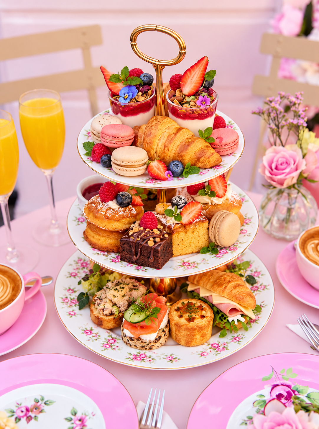 Etagère met high tea gebak en hapjes