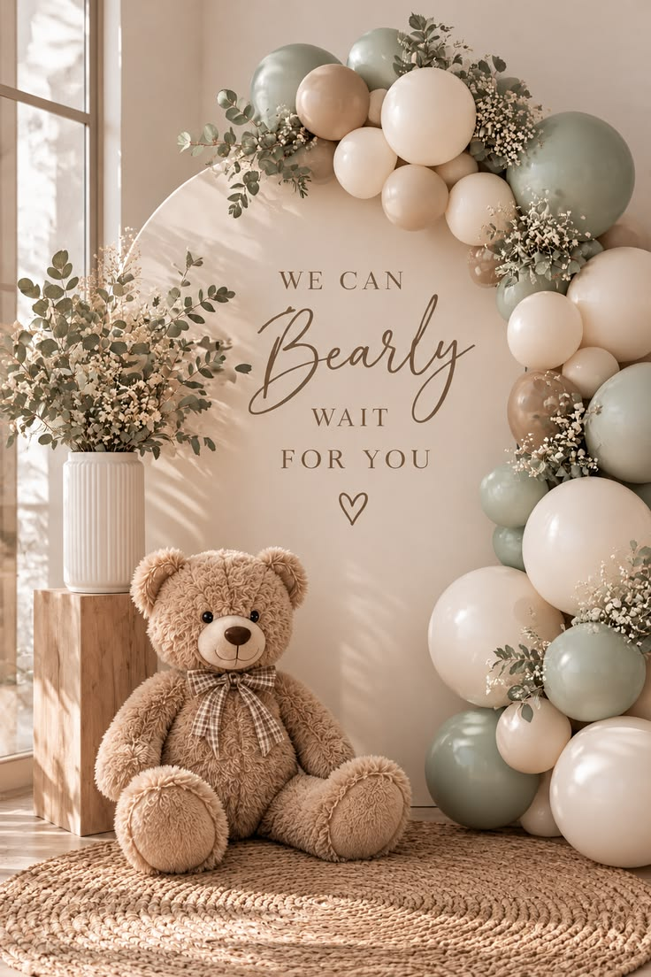 Teddybeer bij ballonnenboog met tekst 'We can bearly wait for you' voor babyshower decoratie