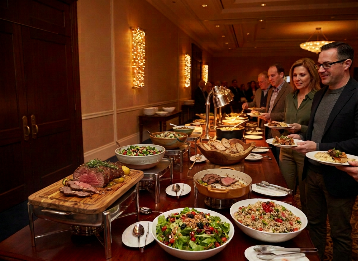 Elegant warm buffet for a company event, silver serving dishes with fresh gourmet dishes, salads and main courses, chefs serving guests, warm light, photorealistic food photography