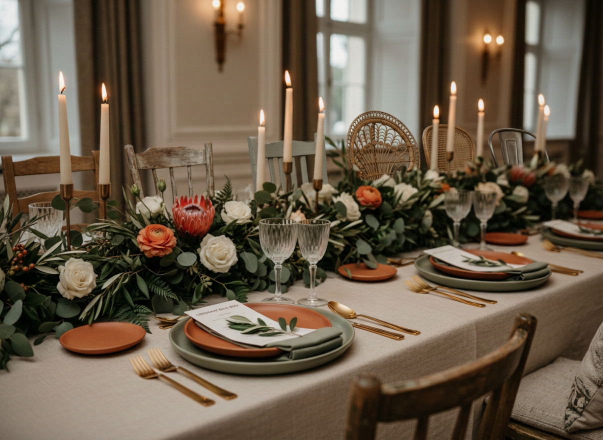 Beautifully styled event table setting for a corporate dinner, linen, candles, fresh flowers and greenery, warm terracotta and sage green accents, elegant tableware, photorealistic