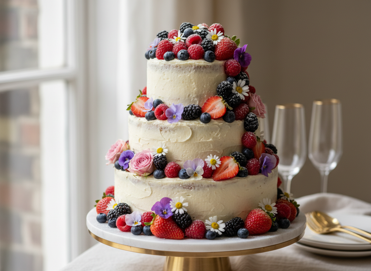Luxe taart met verse bessen en eetbare bloemen op een taartstandaard